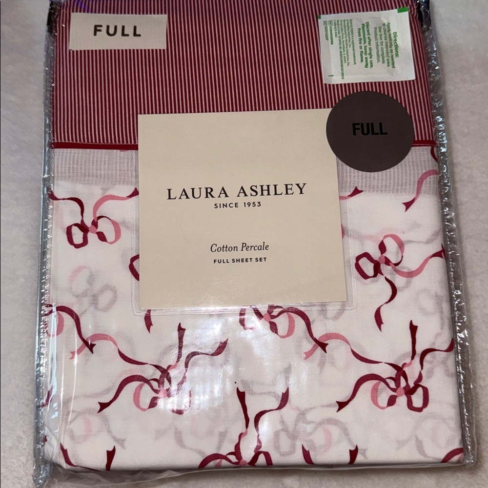 Laura Ashley Christmas Holiday Red Bow Ribbons Sheet Set - Full